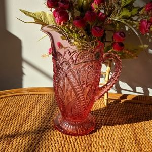 (SOLD)Vintage Dalzell Viking Glass Pink/Rose Pitcher Ribbed Handle